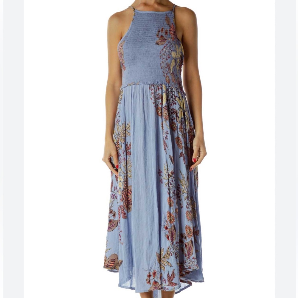 Free People sz XS Seasons‎ in the sun ruched blue purple floral midi slip dress